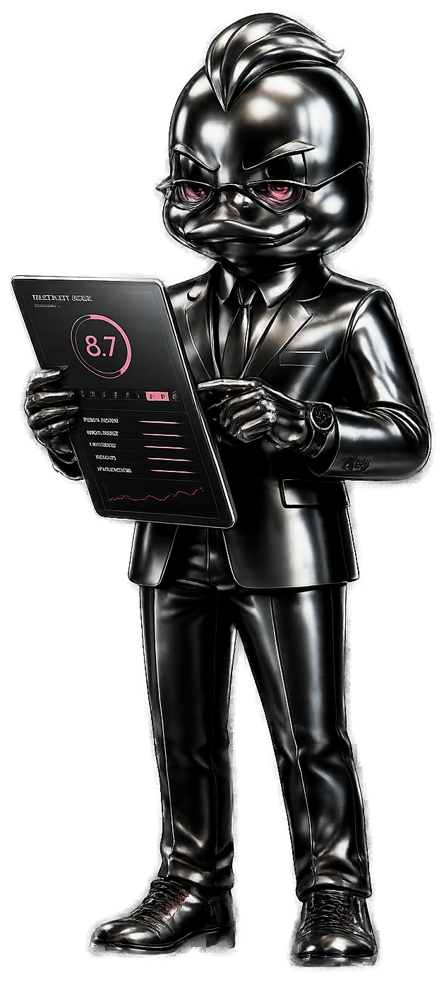 Klymo AI analyst mascot reviewing an investment score